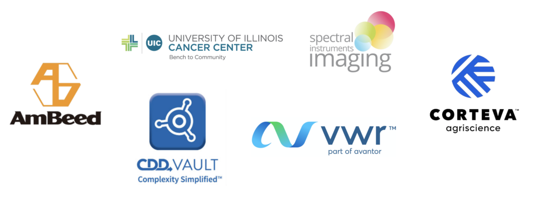 Brand logos of AmBeed, CDD Vault, UIC Cancer Center, VWR, Corteva, and Spectral Instruments Imaging