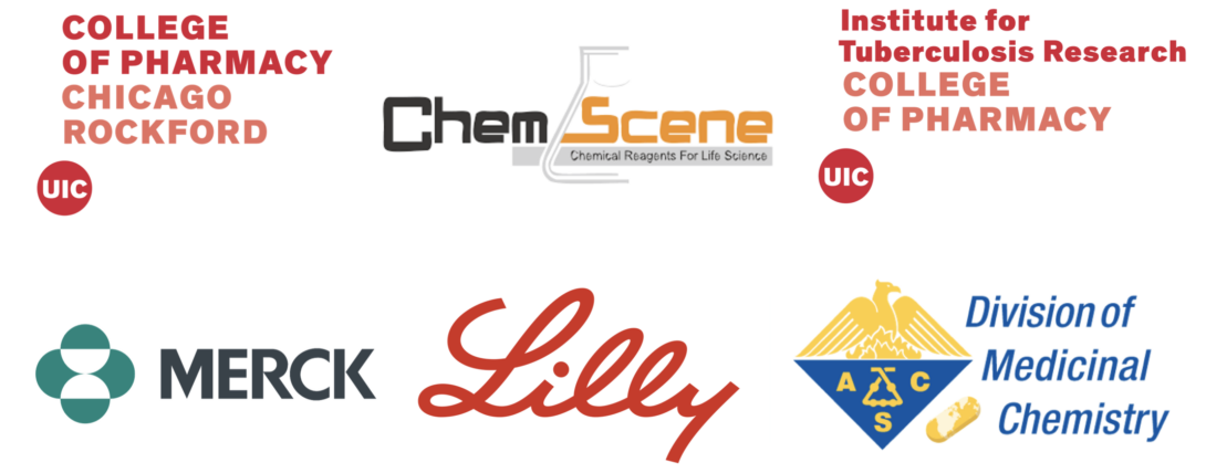Brand logos of the American Chemical Society Division of Medicinal Chemistry, Eli Lilly, ChemScene, the UIC College of Pharmacy, Merck, and the Institute for Tuberculosis Research at the UIC College of Pharmacy