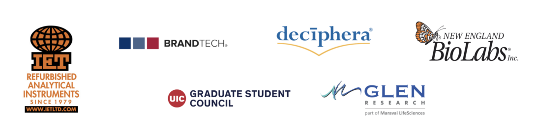 Brand logos of IET, BrandTech, New England BioLabs, the UIC Graduate Student Council, Glen Research, and Deciphera Pharmaceuticals
